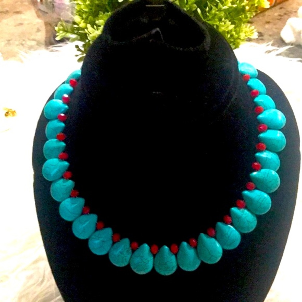 Turquoise’s and Ruby Beaded Necklace, Turquoise-Choker Necklace 🔷🔷🔷